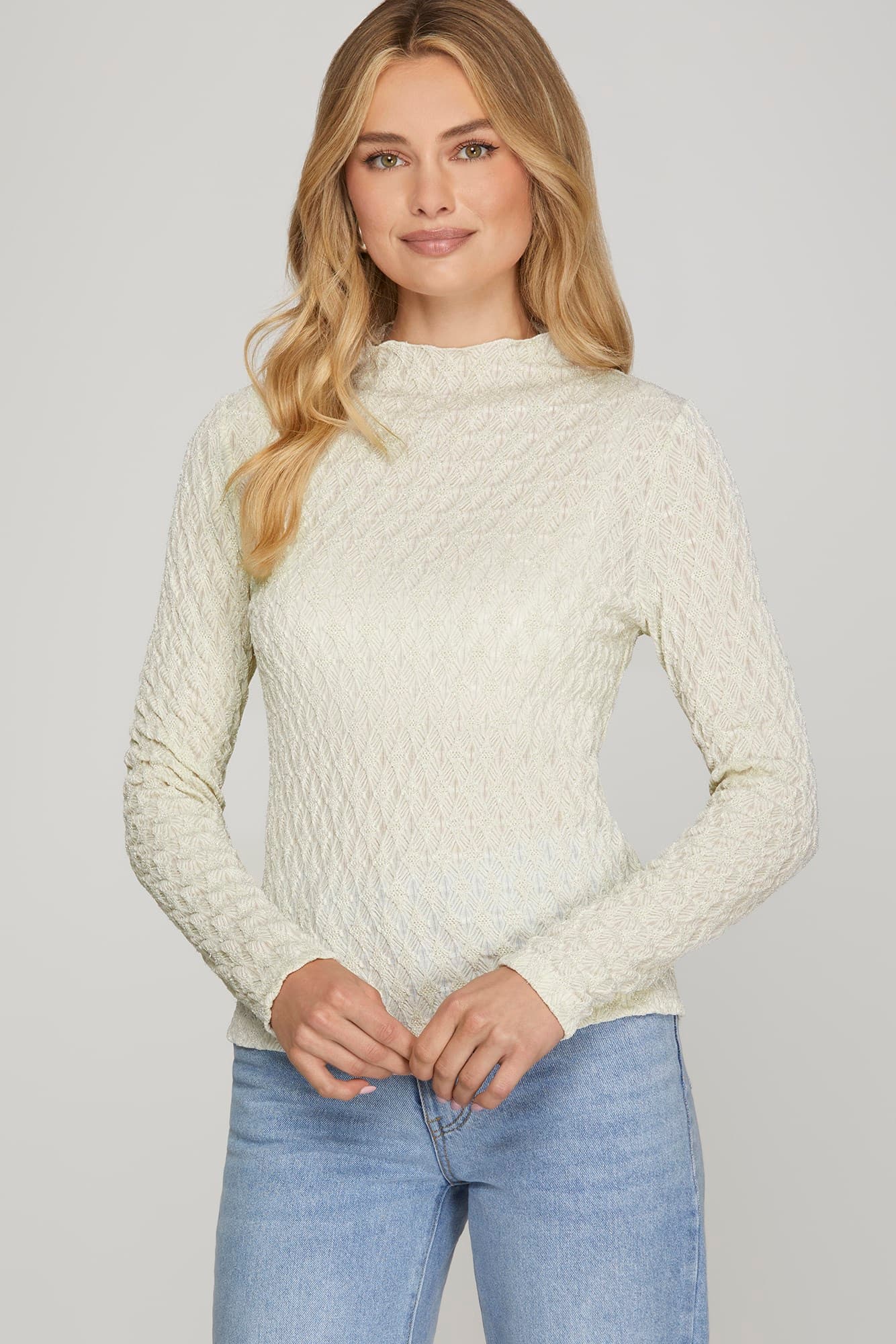 Ivory Long Sleeve Mock Neck Shine Knit
Top