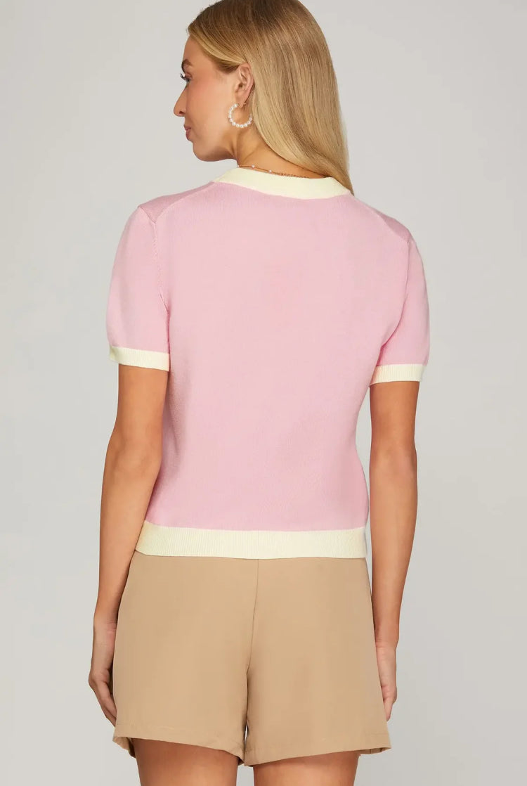 Pink with Beige Trim Short Sleeve Color Block 
Sweater Top
