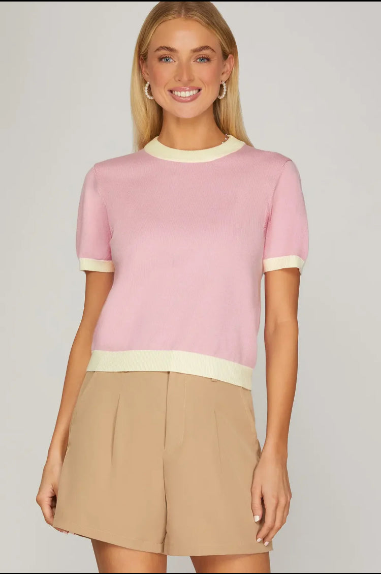 Pink with Beige Trim Short Sleeve Color Block 
Sweater Top