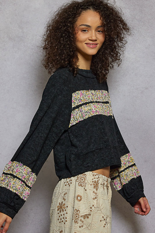 Black Round Neck Balloon Sleeve Print Patch Top