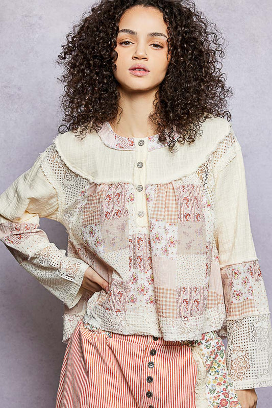 Natural Vintage Double Gauze Patchwork Lace Button Front Blouse