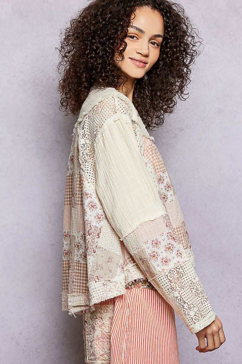 Natural Vintage Double Gauze Patchwork Lace Button Front Blouse