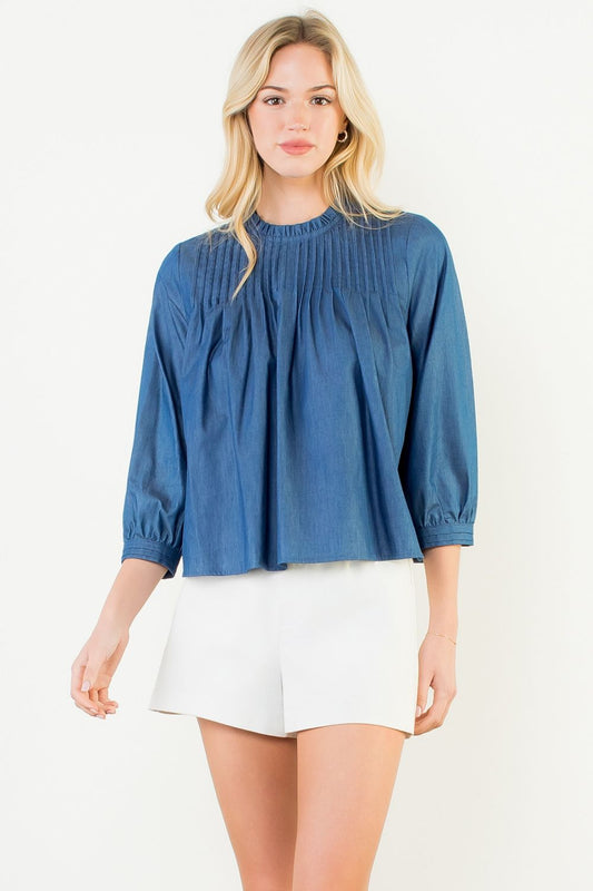 Long Sleeve Pintuck Flowy Denim Top