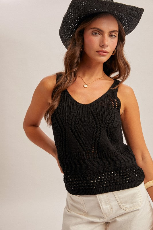Open Crochet Sweater Tank Top in Black