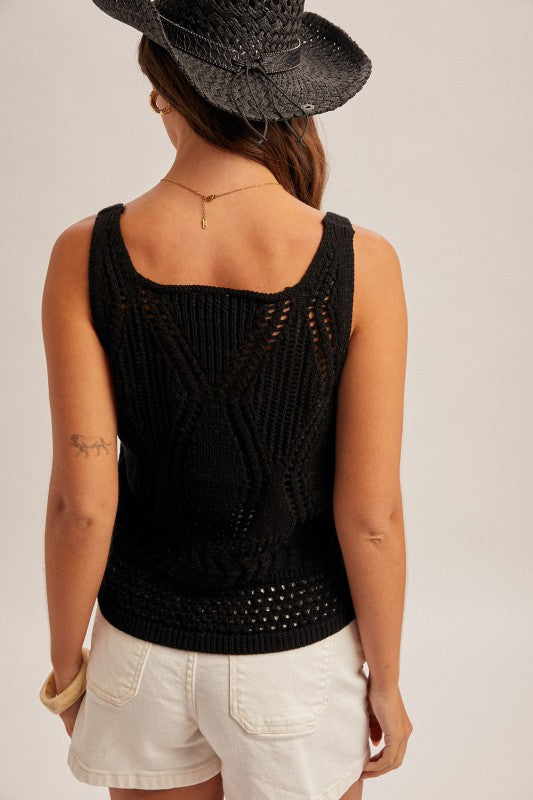Open Crochet Sweater Tank Top in Black