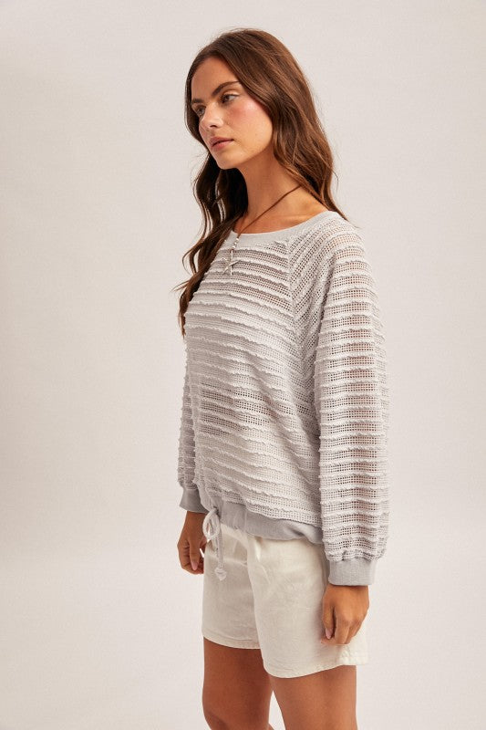 Stone Round Neck Raglan Sleeve Waist Drawstring Top