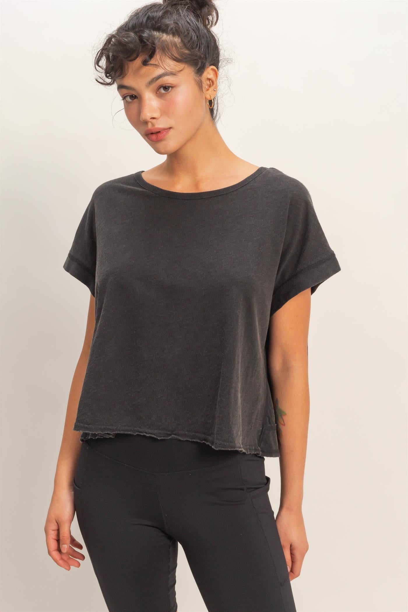 Acid Washed Cross Detail Open Back Top Black
