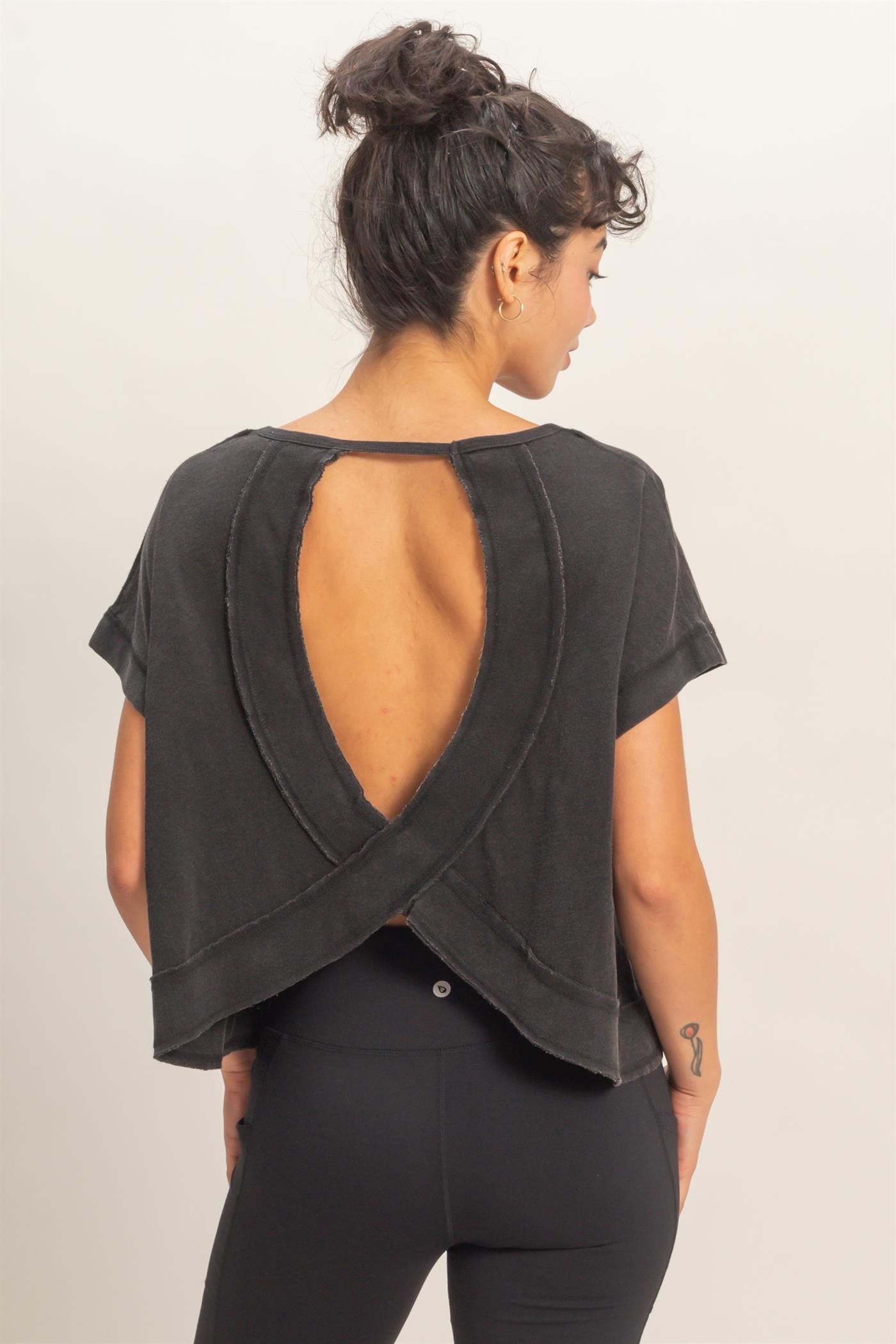 Acid Washed Cross Detail Open Back Top Black
