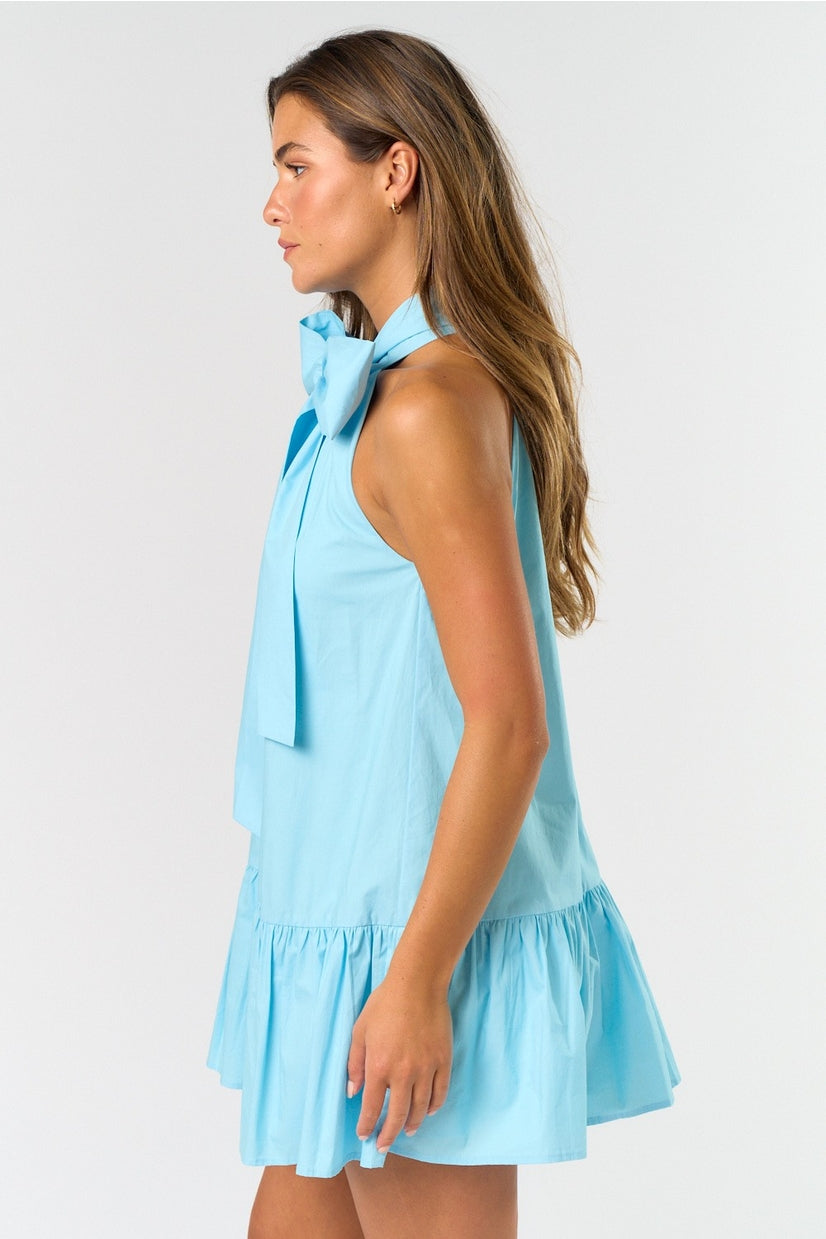 Front Ribbon High Neck Sleeveless Mini Dress