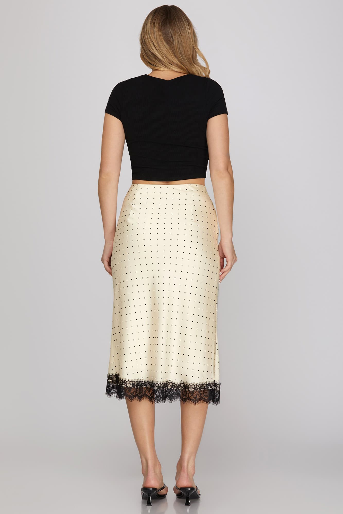 Lace Hem Polka Dot Midi Skirt in Cream