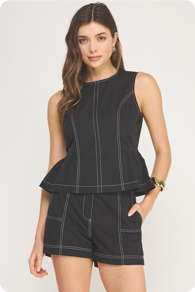 Top-Stitch Poplin Sleeveless Top in Black