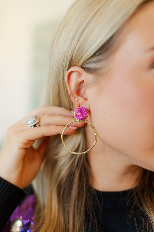 Round Glitter Top Hoops in Hot Pink
