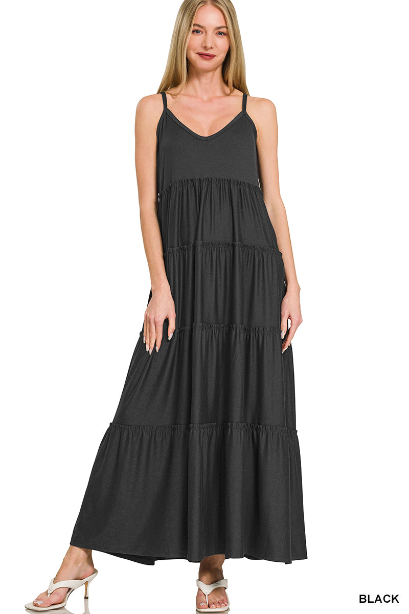 V-Neck Cami Maxi Tiered Dress with Pockets in Black