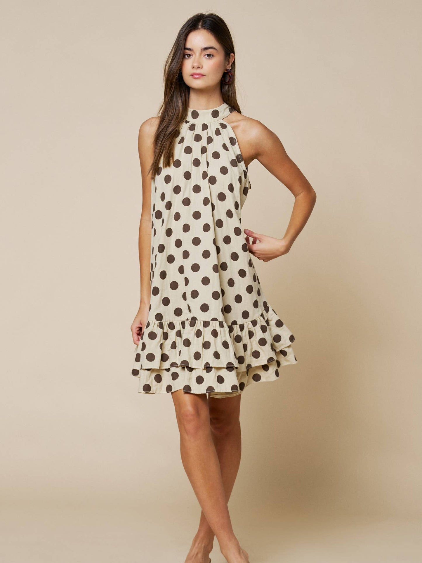 Cream/Brn Polka Dot Mock Neck Ruffled Mini Dress