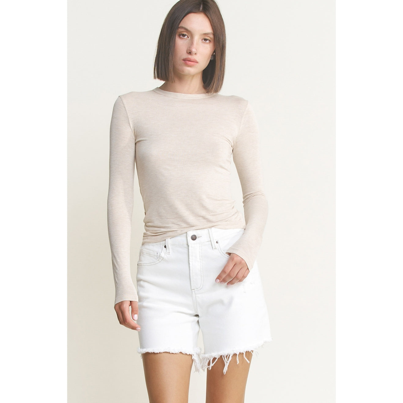 Longer Length Distressed Shorts in Misty White