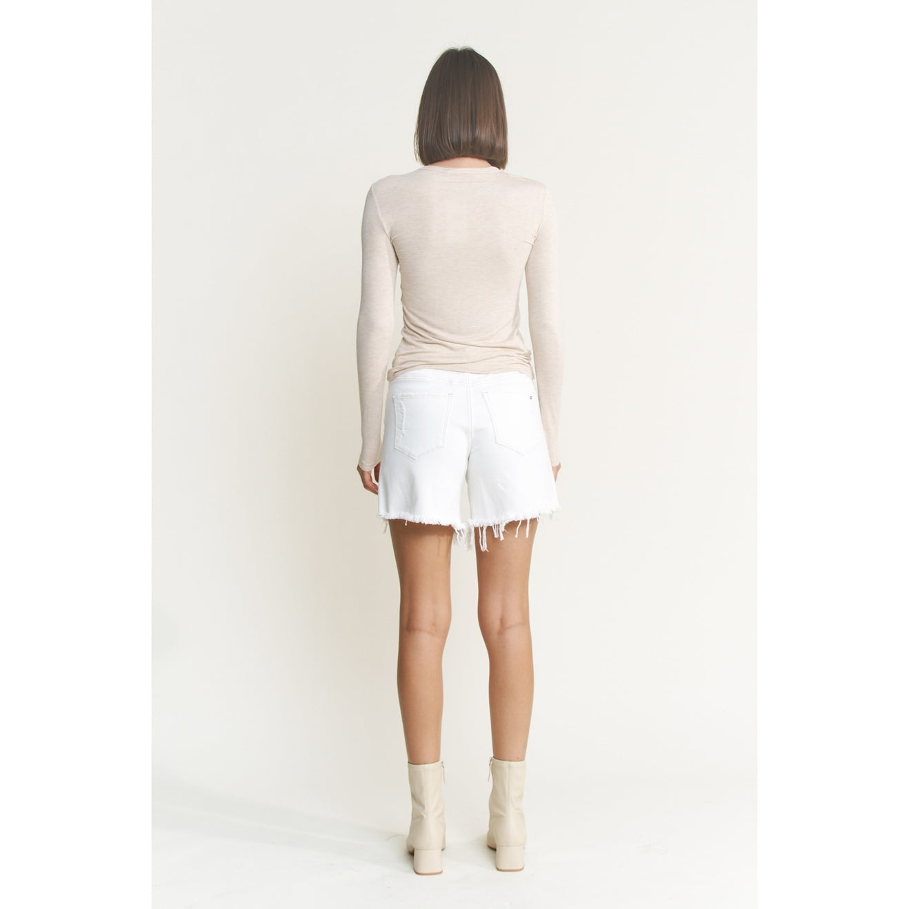 Longer Length Distressed Shorts in Misty White