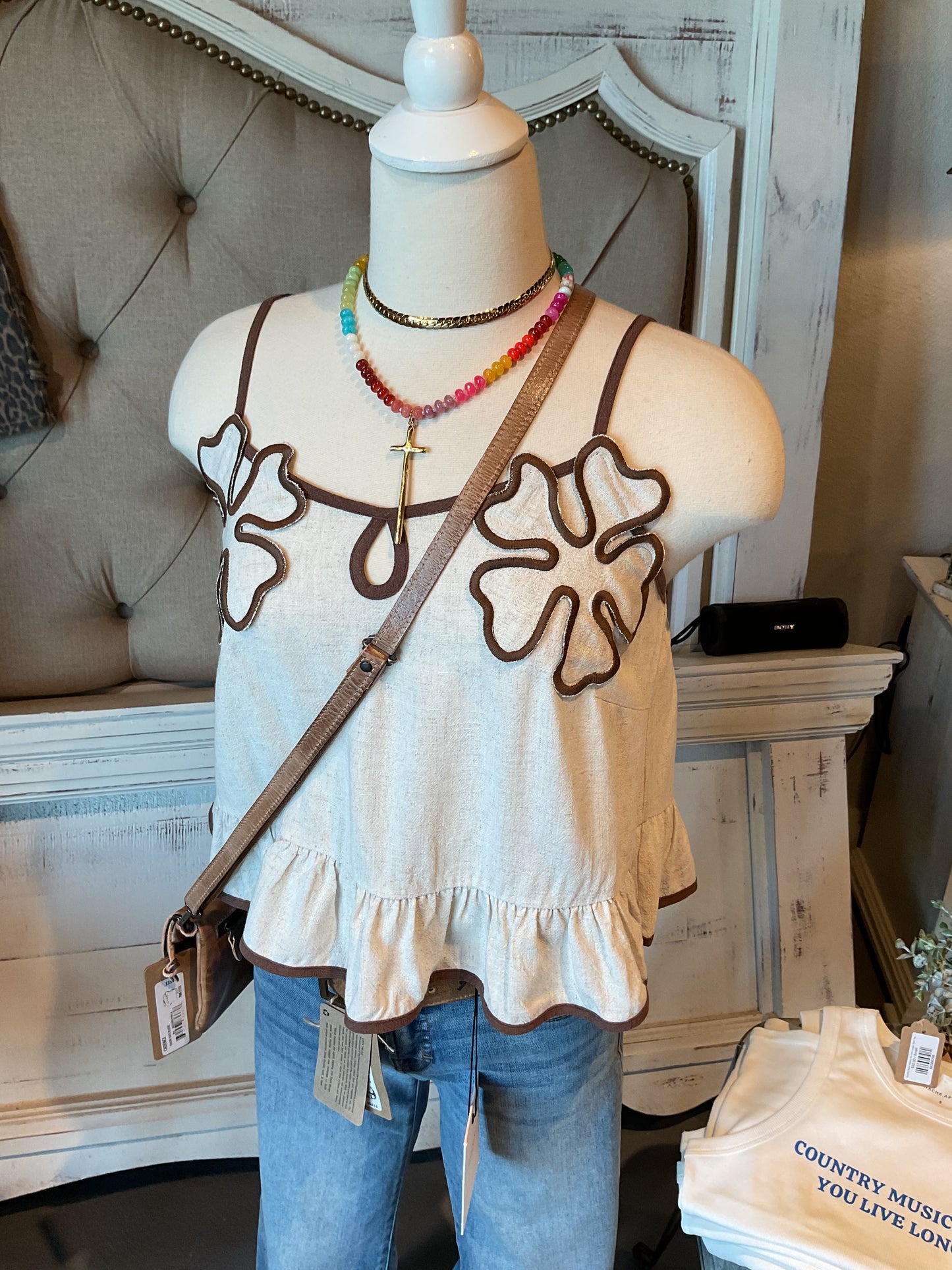Flower Appliqué Cami Top w/ Adjustable Straps in Oatmeal/Brown