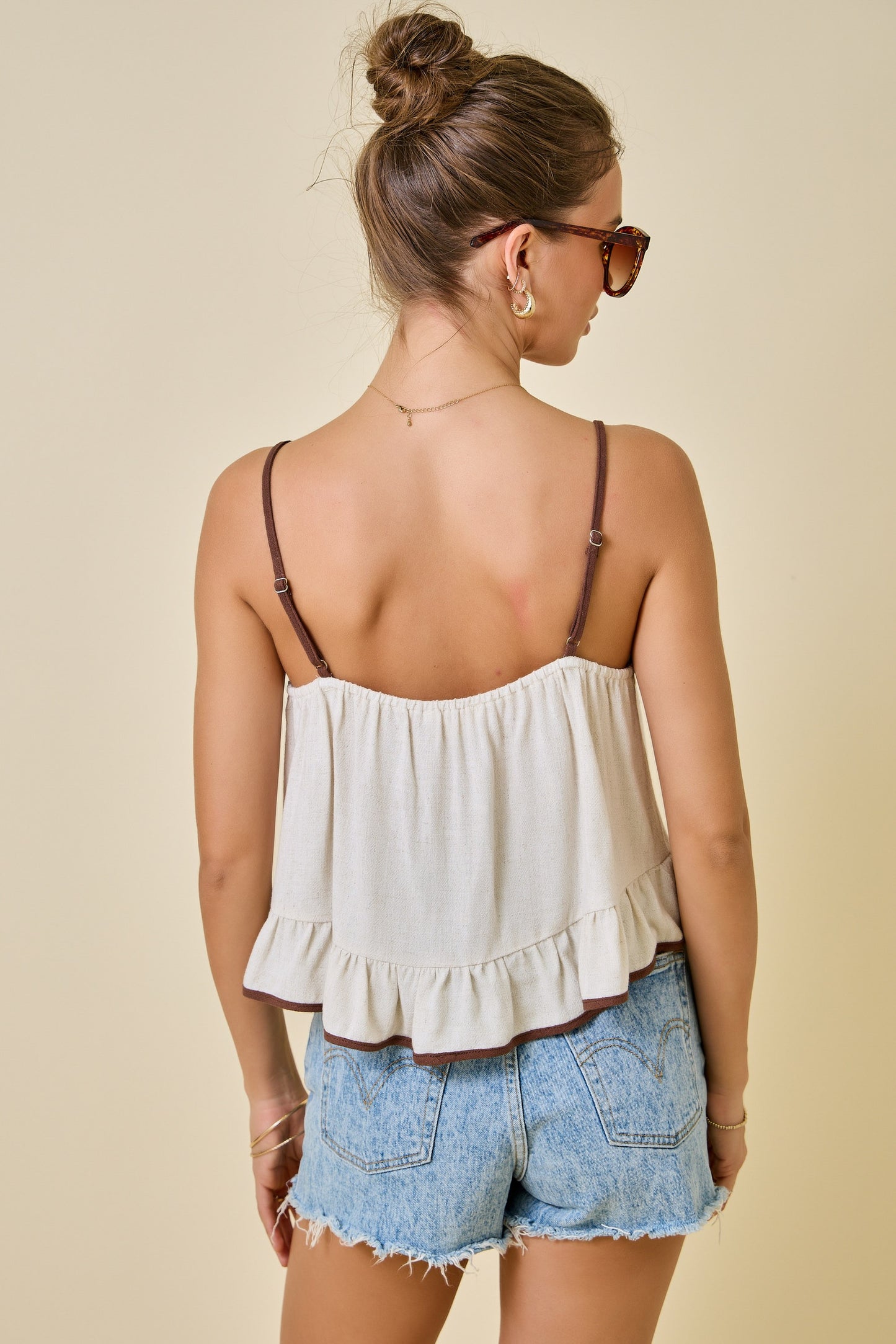 Flower Appliqué Cami Top w/ Adjustable Straps in Oatmeal/Brown