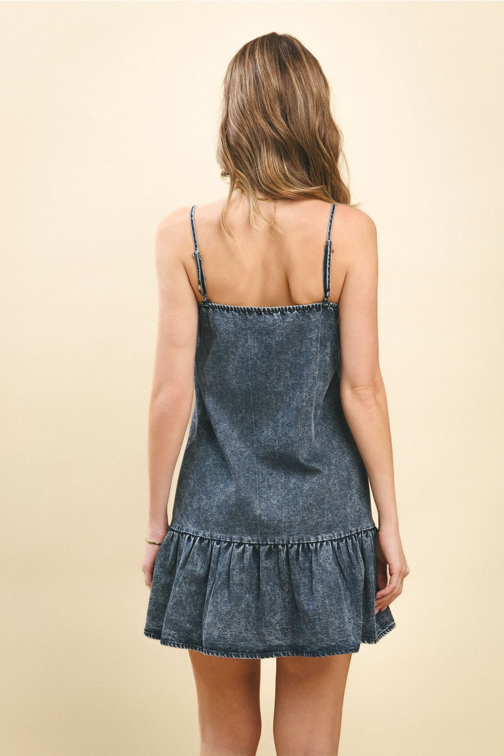 Denim Dropped Waist Dress with Bows and Adjustable Straps