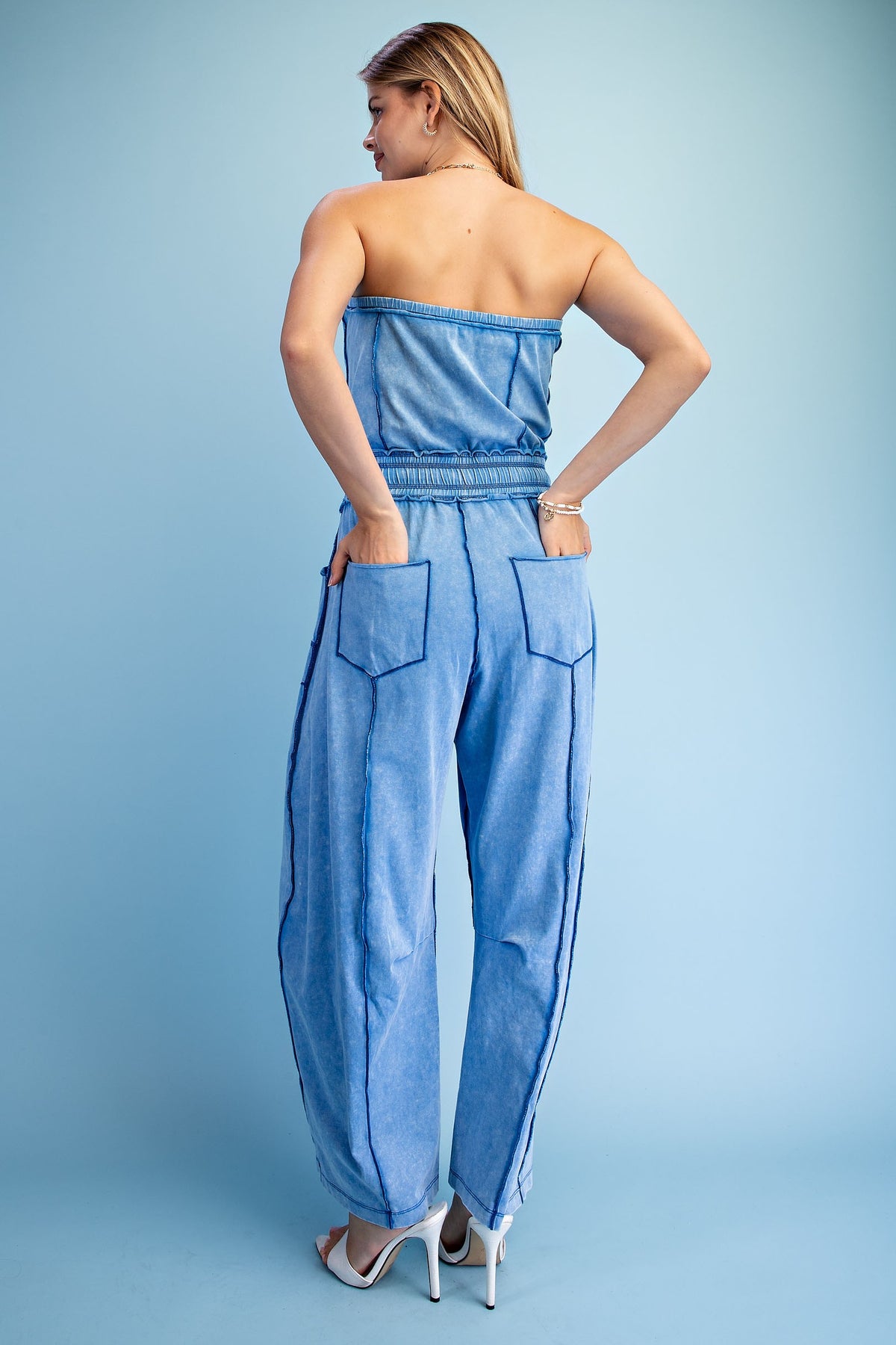 Mineral Washed Strapless Barrel Leg Jumpsuit