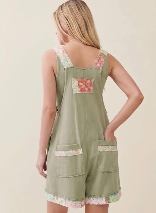 Sage Mineral Wash Floral Patched Zipper Romper