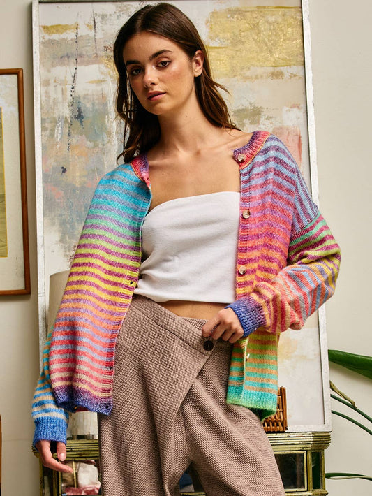 Space-Dye Striped Button-Down Cardigan