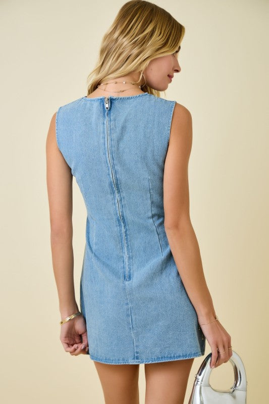 Denim Sleeveless Dress with Bow Tie Details