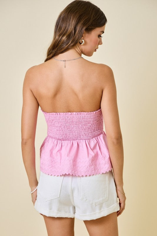 Pink Strapless Smocked Top with Ric Rac Trim