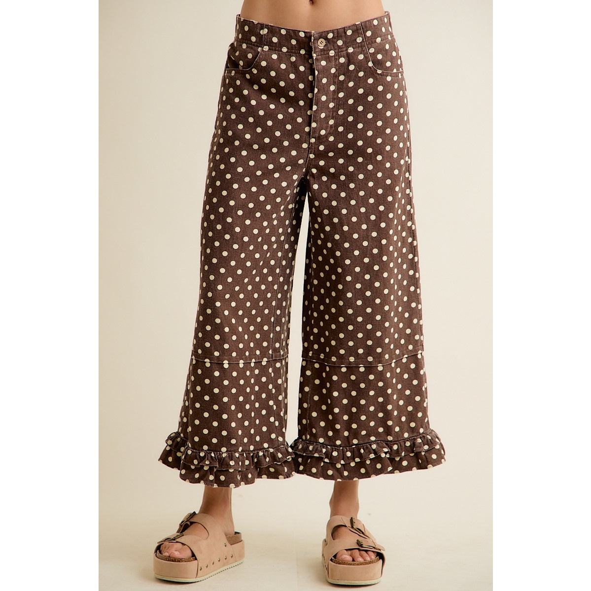 Polka Dot Mid Rise Wide Leg Jeans with Ruffled Hem