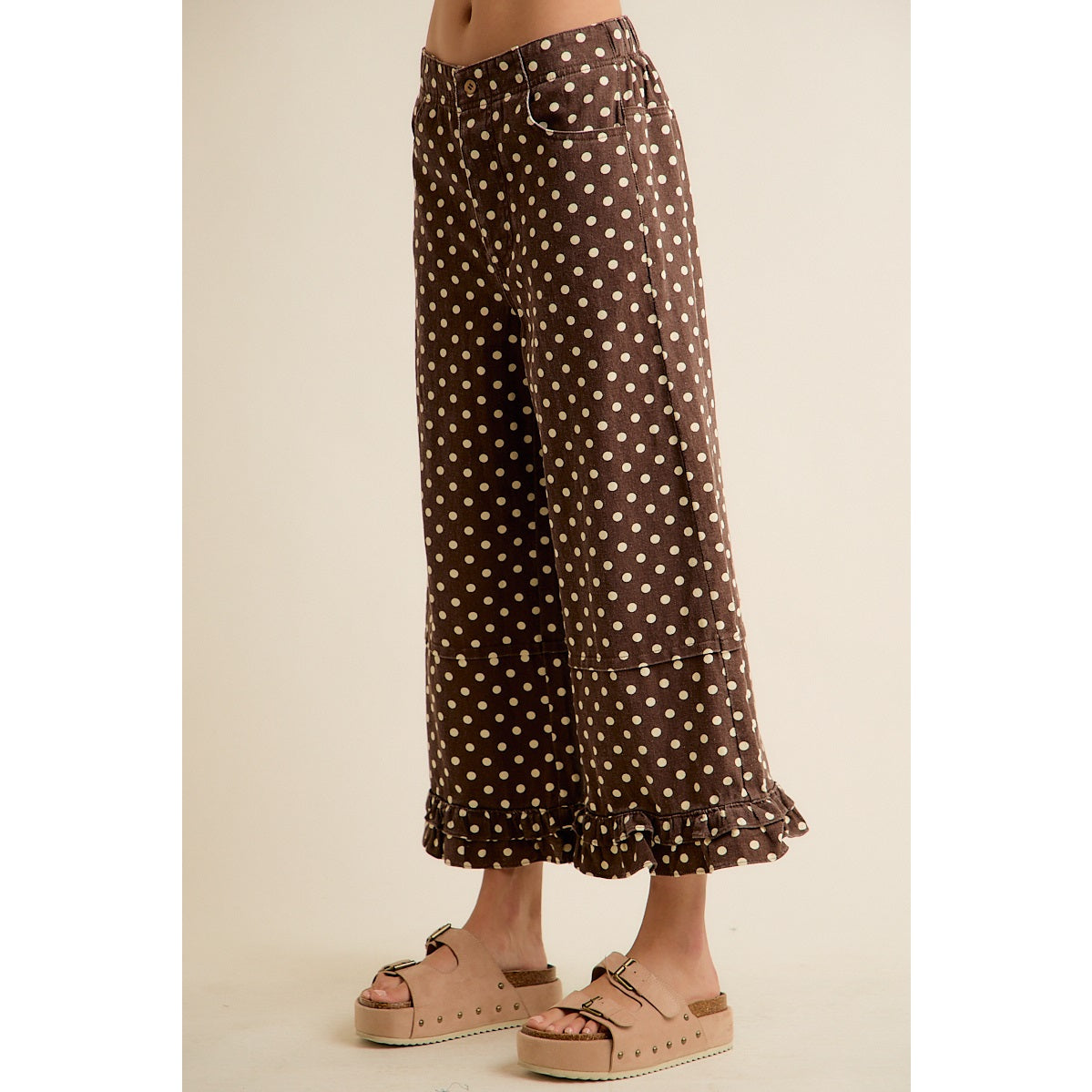 Polka Dot Mid Rise Wide Leg Jeans with Ruffled Hem