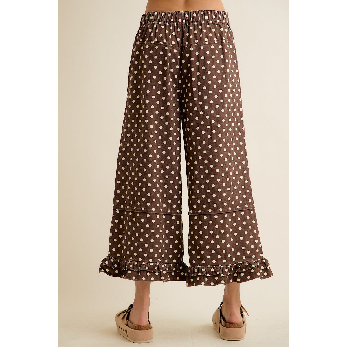 Polka Dot Mid Rise Wide Leg Jeans with Ruffled Hem