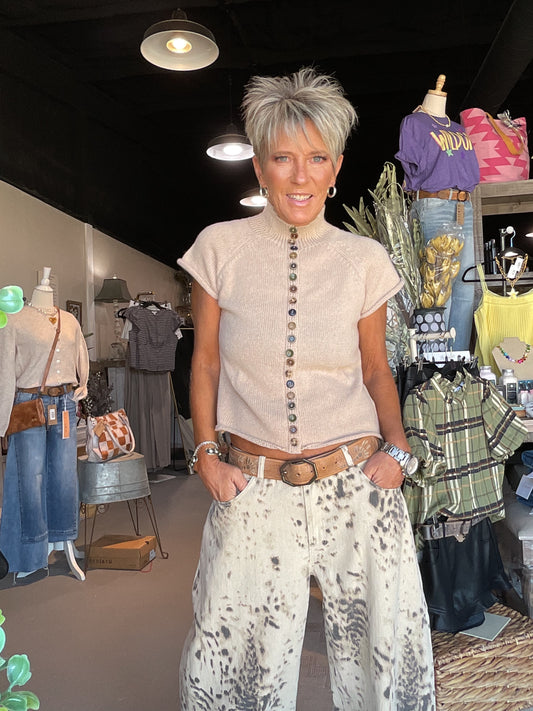 Jenna Button Up Knit Khaki Mock Neck Shortsleeved Top