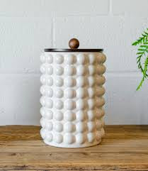Stoneware Canister w/ Raised Dots & Acacia Wood Lid & Natural
