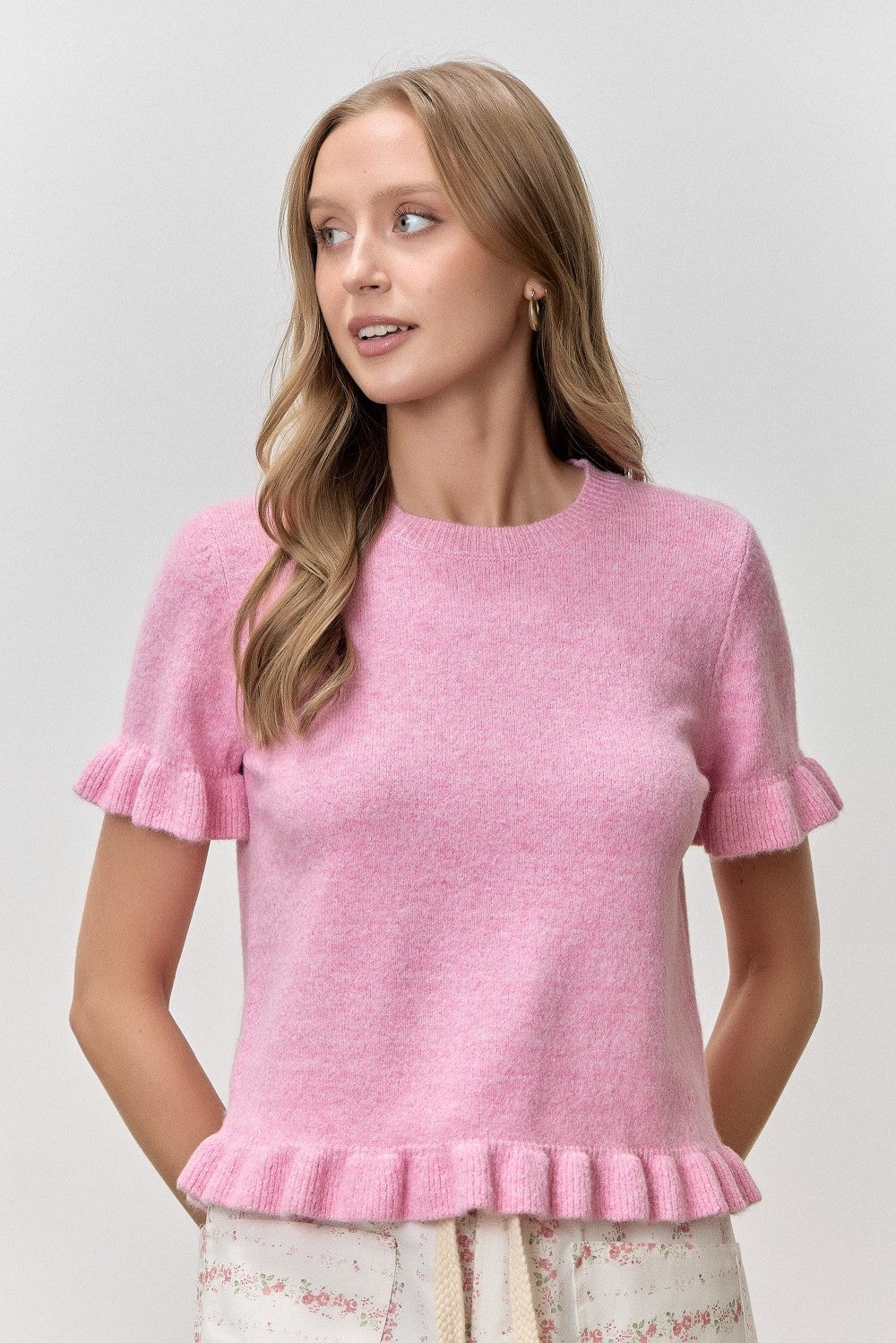 Ruffled Hem Short Sleeve Sweater Top