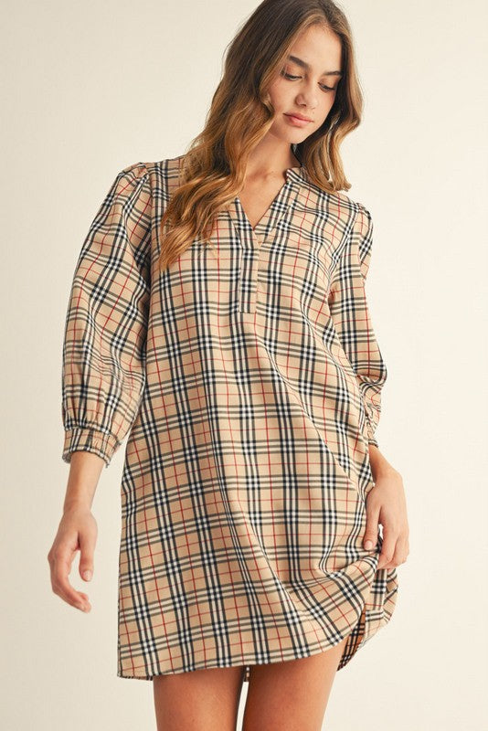 Classic Checker Dress with 3/4 Puff Sleeves and side pockets