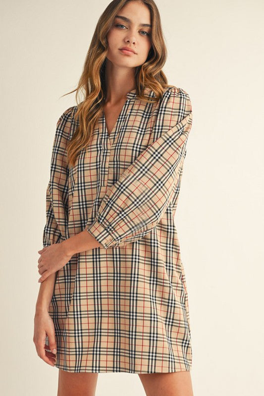 Classic Checker Dress with 3/4 Puff Sleeves and side pockets