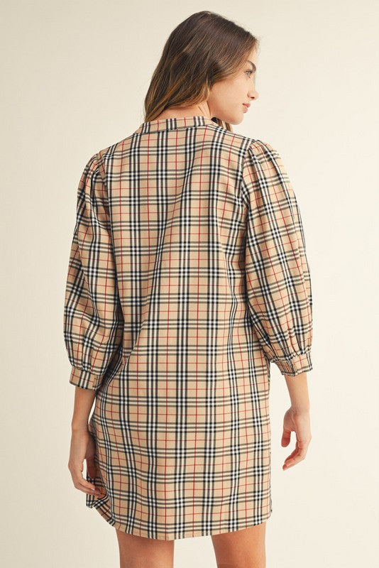 Classic Checker Dress with 3/4 Puff Sleeves and side pockets