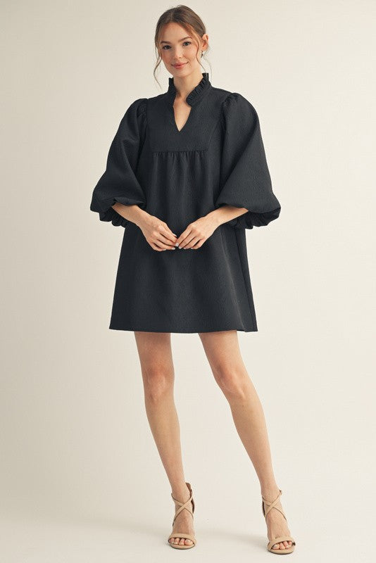 Black Solid Textured Balloon Sleeve Babydoll Dress