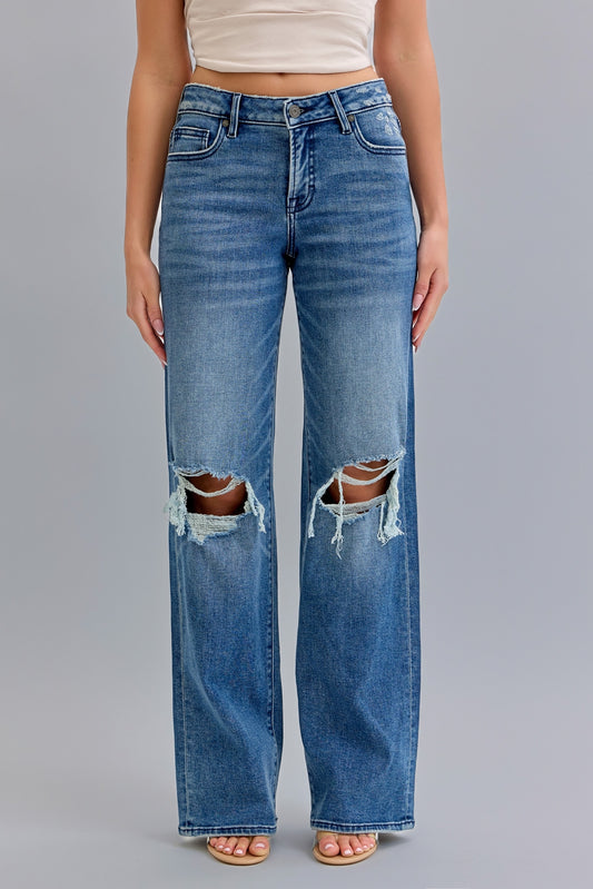 Dark Wash Mid Rise Distressed Dad Jean