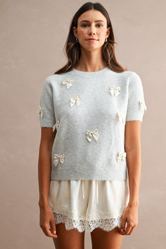Light Grey Satin Bow Appliqués Short Sleeve Sweater