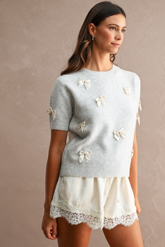 Light Grey Satin Bow Appliqués Short Sleeve Sweater