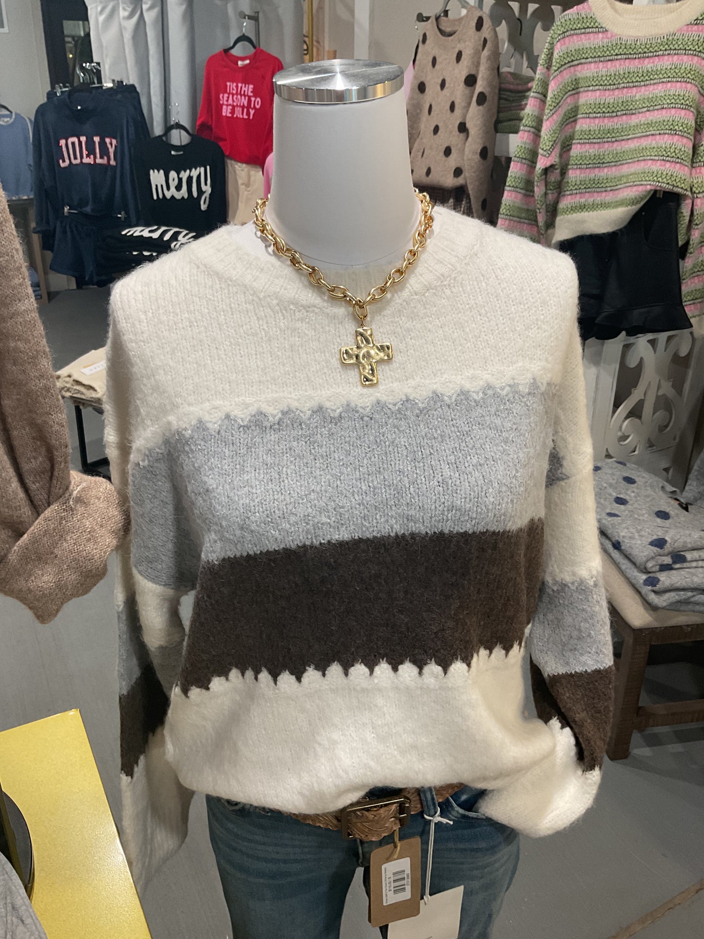 Cream Multi Color Block Sweater