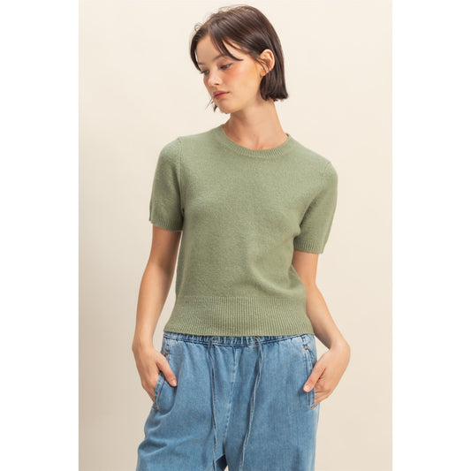 Short Sleeve Sweater Top in Sage Green