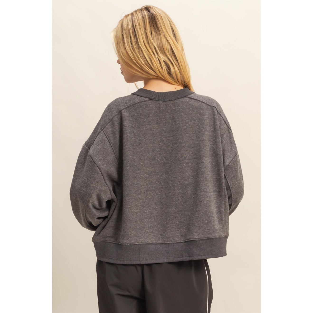 Layered Hem Sweatshirt with Raw Edges in Charcoal