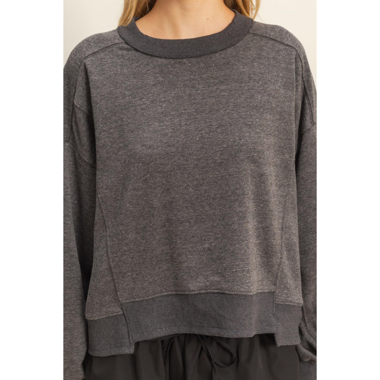 Layered Hem Sweatshirt with Raw Edges in Charcoal