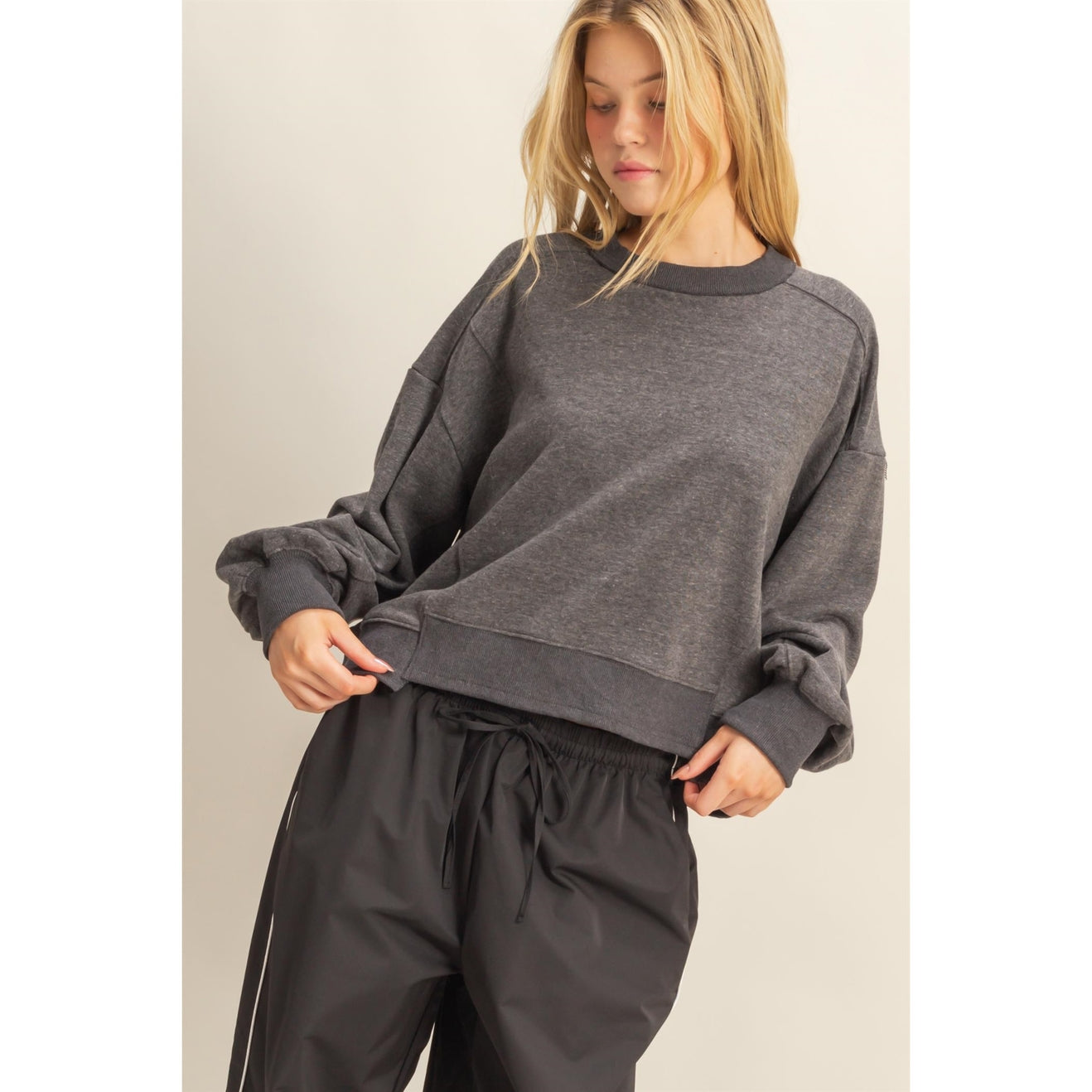 Layered Hem Sweatshirt with Raw Edges in Charcoal