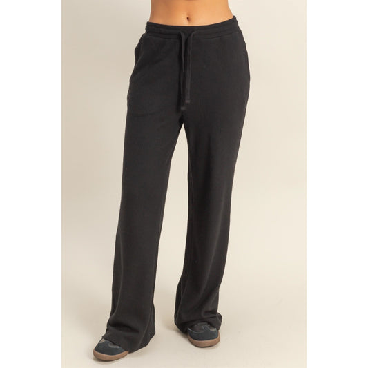 Brushed Waffle Wide Leg Sweatpants in Black