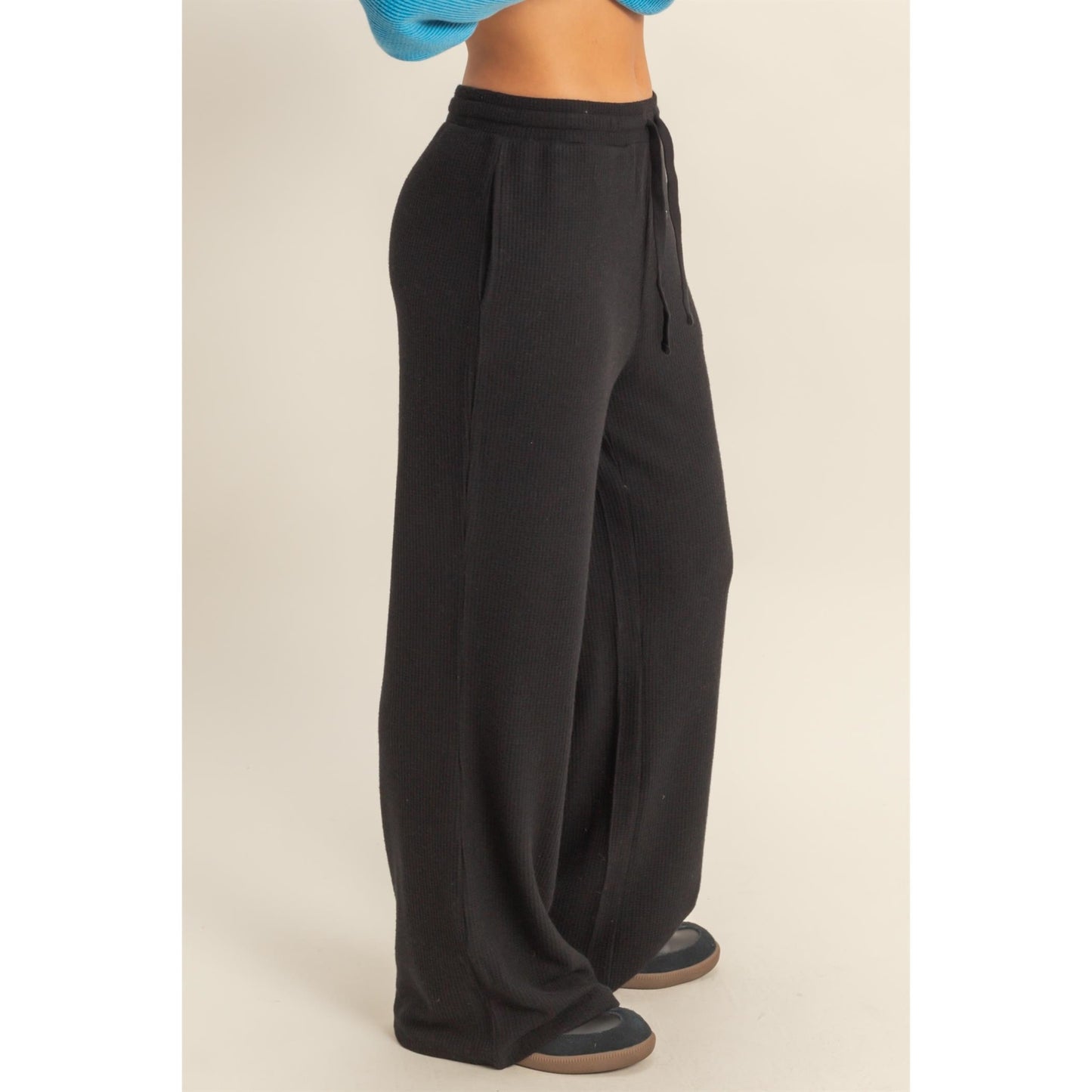 Brushed Waffle Wide Leg Sweatpants in Black