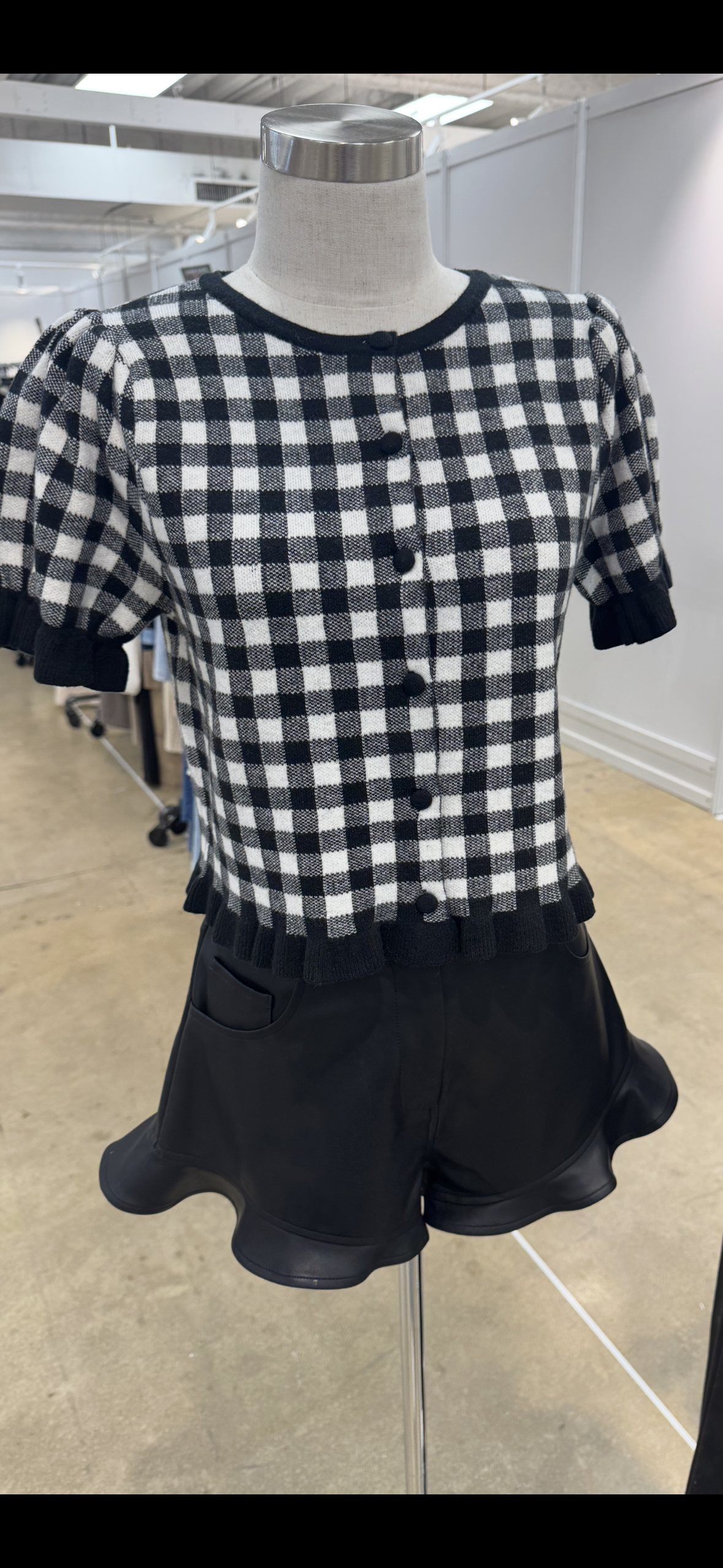 Gingham Button Down Short Puff Sleeve Sweater