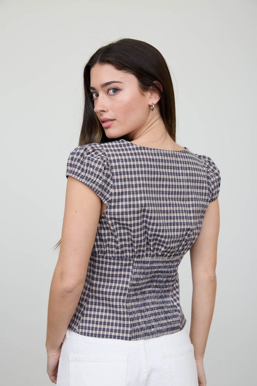 Plaid Button Down Puff Sleeve Contoured Waist Top